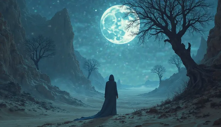 A surreal desert landscape with unseen jinn whispering to a lost traveler under the moonlight