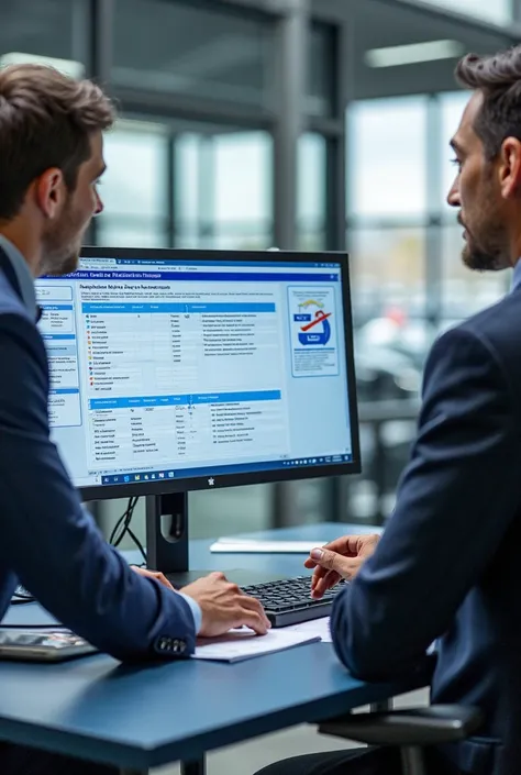 A realistic scene of a professional car inspector analyzing a vehicle’s history report on a large computer screen in a modern office. The screen clearly displays a Carfax and Autocheck report with details such as accident history, previous owners, and main...