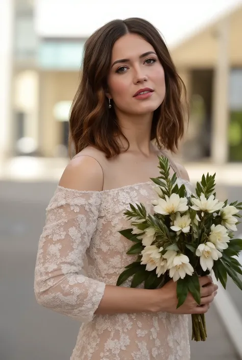 best quality, highres, 8k, masterpiece, photography, detailed midbody photorealistic portrait. Mandy Moore wears a flowing, off-the-shoulder wedding dress with intricate floral embroidery across the bodice and skirt. The dress has a soft, romantic neckline...