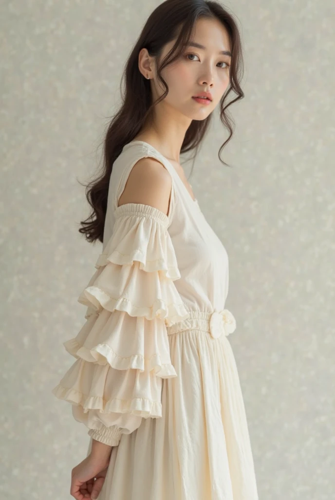 Create an image for panel wear, a Korean model Wearing a fashionable casual frock with multilayered ruffles sleeve with soft fabric and medium length frock 