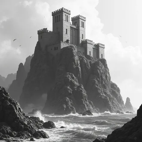 Create Medieval Fort on the Black and White Rocky Mountain by the Sea
