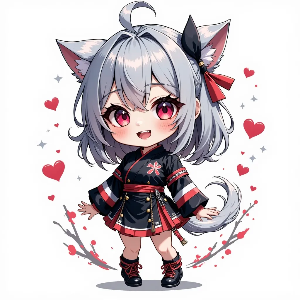 ( chibi:1.4), chibi character, chibi style, toe, (cwhite background:1.4),full body,masterpiece, high quality, 4K, HDR,, A girl with frills,  anime style, Ninja、 with a cheerful smile、open your kiss partner's mouth wide、simple background、Japanese style、Smal...