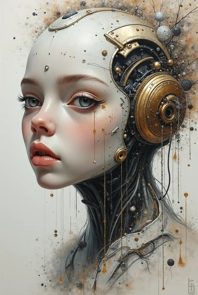 In the style of Thomas Moran and Pascal Campion and Greg Craola SimKins and paul klee ,beautiful young girl cyborg, amazing face, porcelain robot body, complex background, tiny detailed , acrylic on canvas, abstract scrapbooking, greyscale pencil sketch wi...