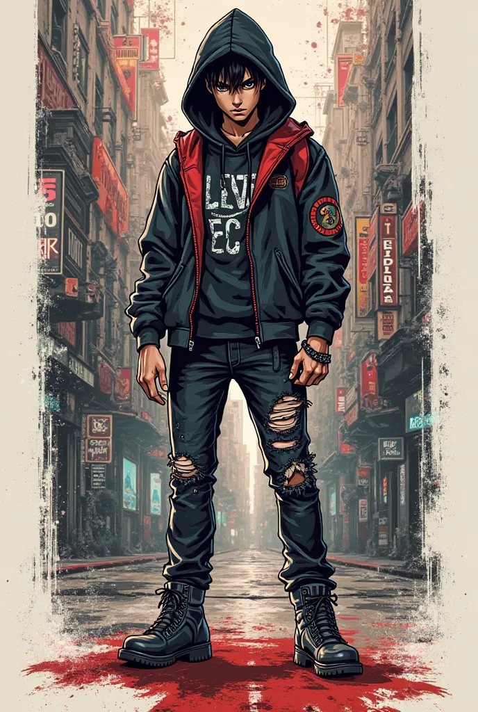 "Edgy **2D stylized anime illustration** of **Eren Yeager** in a distressed hoodie, ripped jeans, and heavy boots, surrounded by glitch distortions and rebellious graffiti art. His pose is aggressive, embodying the spirit of a true anti-hero. The color sch...