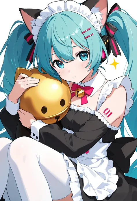 1girl,hatsune_miku,official_costume,(turquoise_twintails:1.1), vocaloid_icon,cyber_idol,anime_style_character,hugging,girl's love, BREAK 2girl, blue eyes, simple background, hair ornament, white background, dress, bow, ribbon, animal ears, closed mouth, bl...