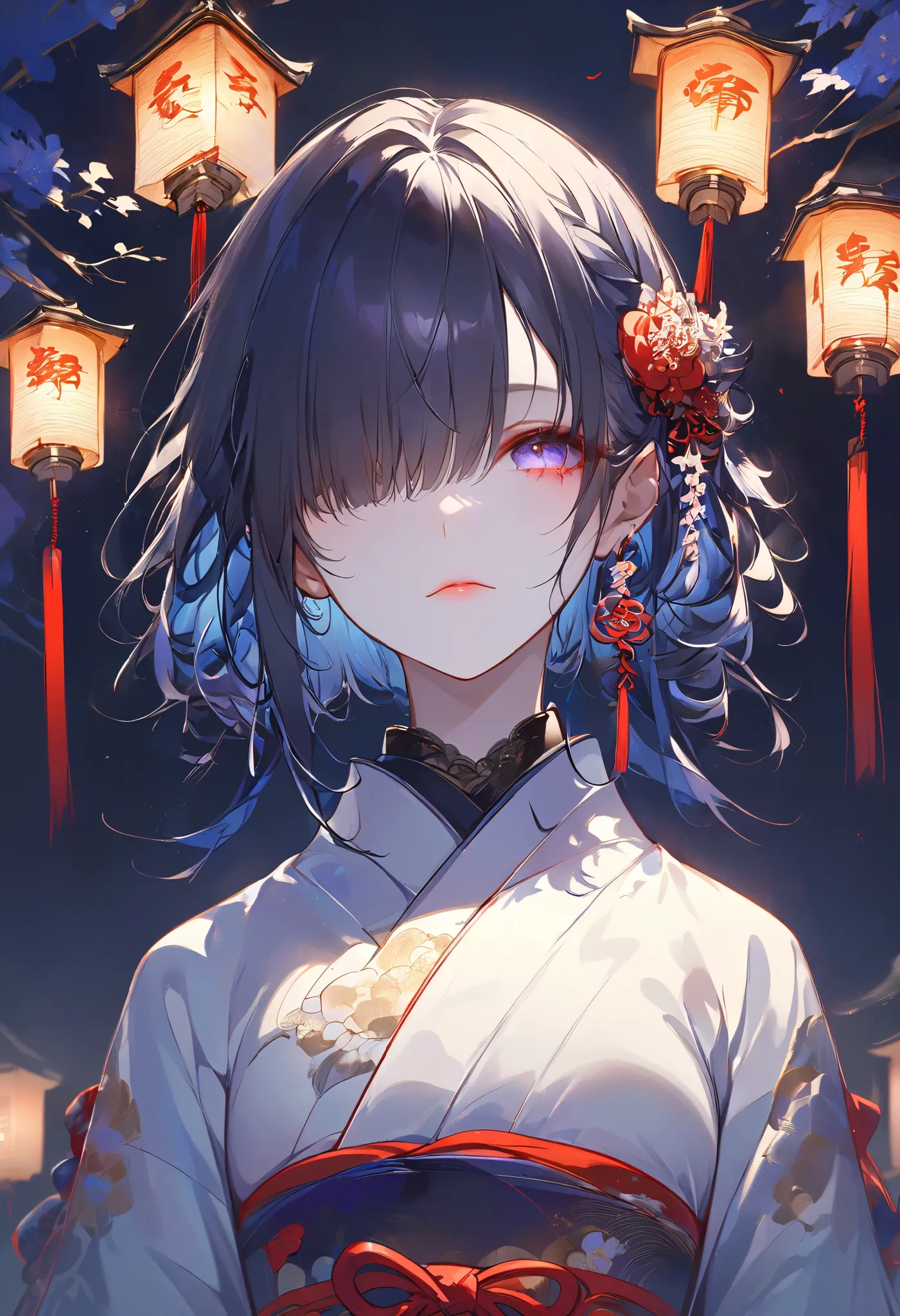 Hairstyle with hidden eyes。one girl。 kimono。dark atmosphere。night。background with lots of lanterns。