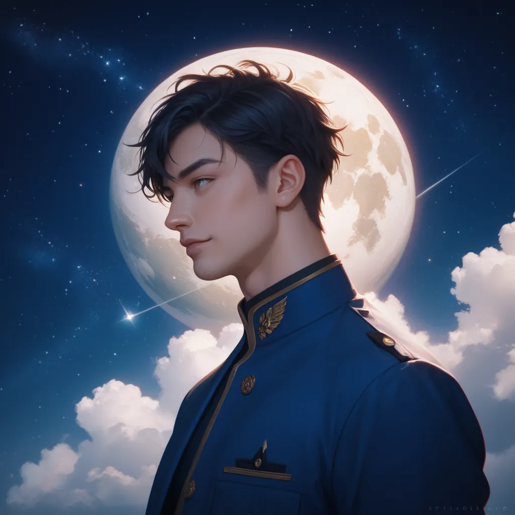 Anime-style illustration of a man facing the front with a starry sky in the background、Black hair and blue clothes