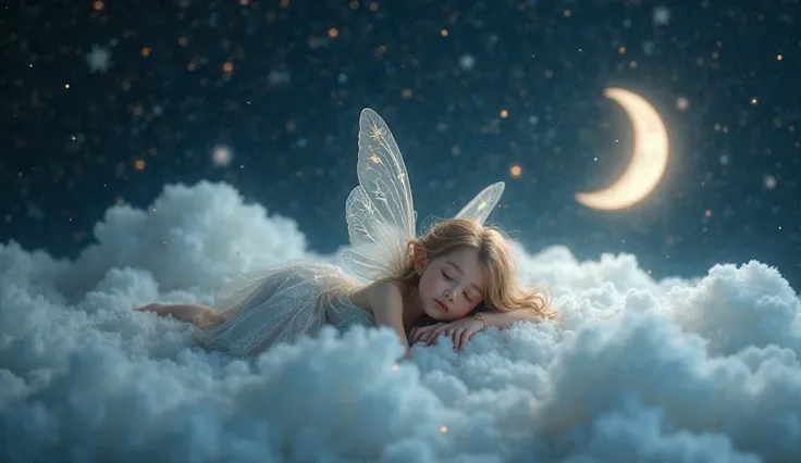 a close up of a  sleeping on a moon with stars, tinkerbell, sweet dreams, ✨🕌🌙, lie on white clouds fairyland, dreamy soft, fairy, dream a little dream of me, very magical and dreamy, beautiful fairie, good night, fanart, lisa parker, photorealistic disney,...