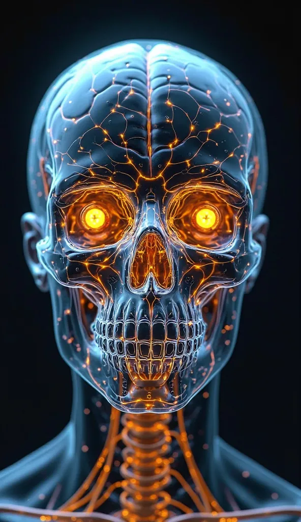 An illustration Highly detailed digital image of a transparent human head, showing the skull, brain and nerves in a futuristic style. The brain is clearly visible, with detailed grooves and turns, and the nerves are highlighted in a bright yellow tone, bra...