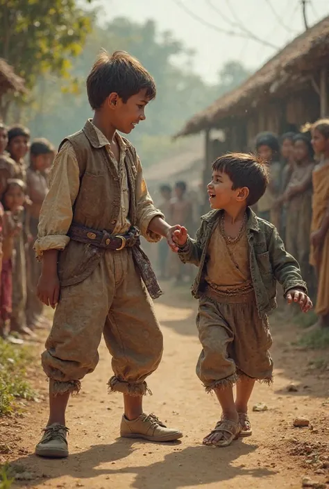  
A scene in a rural village where a wealthy boy is bullying a poor boy. The wealthy boy is dressed in fine clothes, while the poor boy wears torn and simple clothing. The background shows villagers watching from a distance, with a sense of tension in the ...