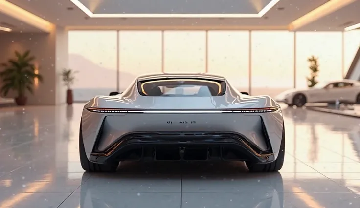 Back side straight and parallel of 2025 Lucid Air, silver color, standing in a luxury bright showroom. 