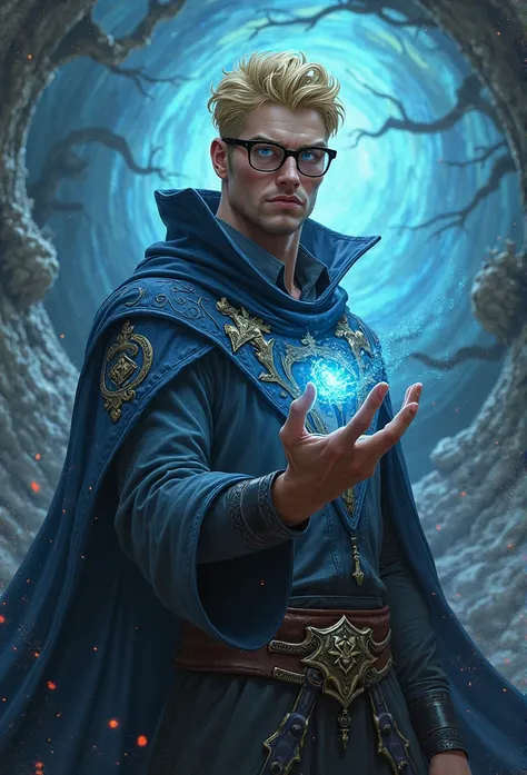 Muscular, short blonde hair,  blue eyes, black square glasses, wizard