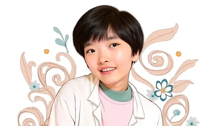 An illustration of a young woman with short hair wearing a T-shirt and a white shirt. She has a young face and is surrounded by swirling patterns and motifs. The color palette is soft, with pastel shades of pink, blue, and beige dominating the scene. The b...