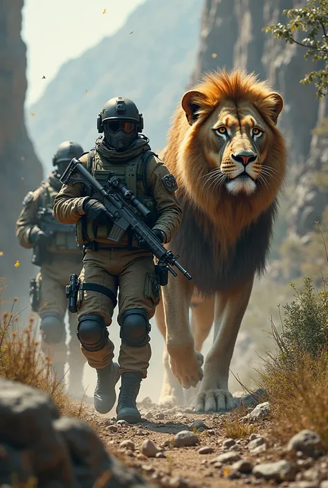 special ops and special ops dressed big lion walking