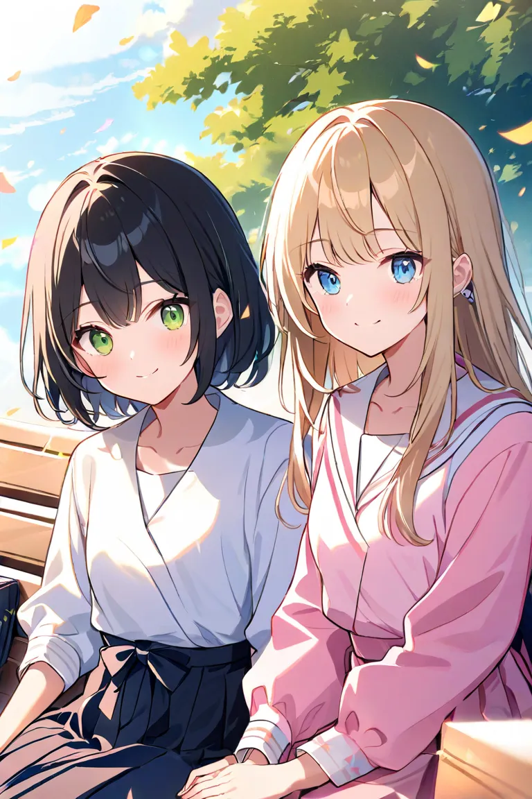 Two girls、（ character for V2１（long hair、blond hair、 green eyes、Fleeting、A pair of ribbons on the left and right on the hair、 sleep 、Lean on your shoulders 、peace of mind、peace、sleeping face））（ character for V2２（short hair、 black hair、 blue eyes、Rin々Shii、Lo...