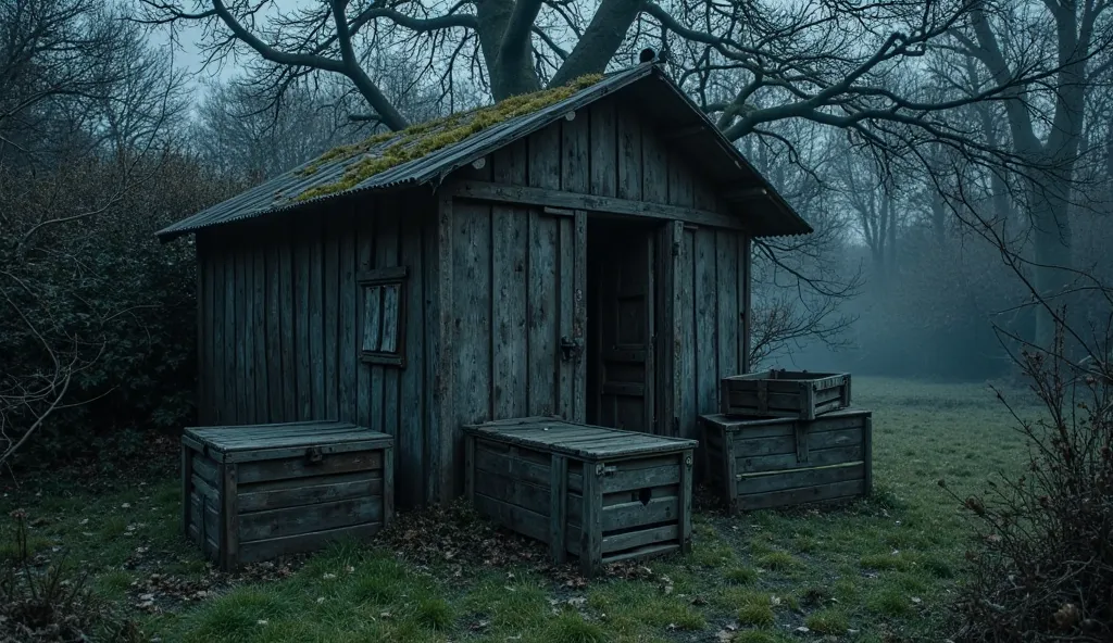 "An old wooden shed, worn and weathered, with slightly warped planks and a roof covered in moss close. It stands in a large garden at night, surrounded by overgrown grass and unkempt bushes. In front of the shed, there are several dusty wooden crates, some...