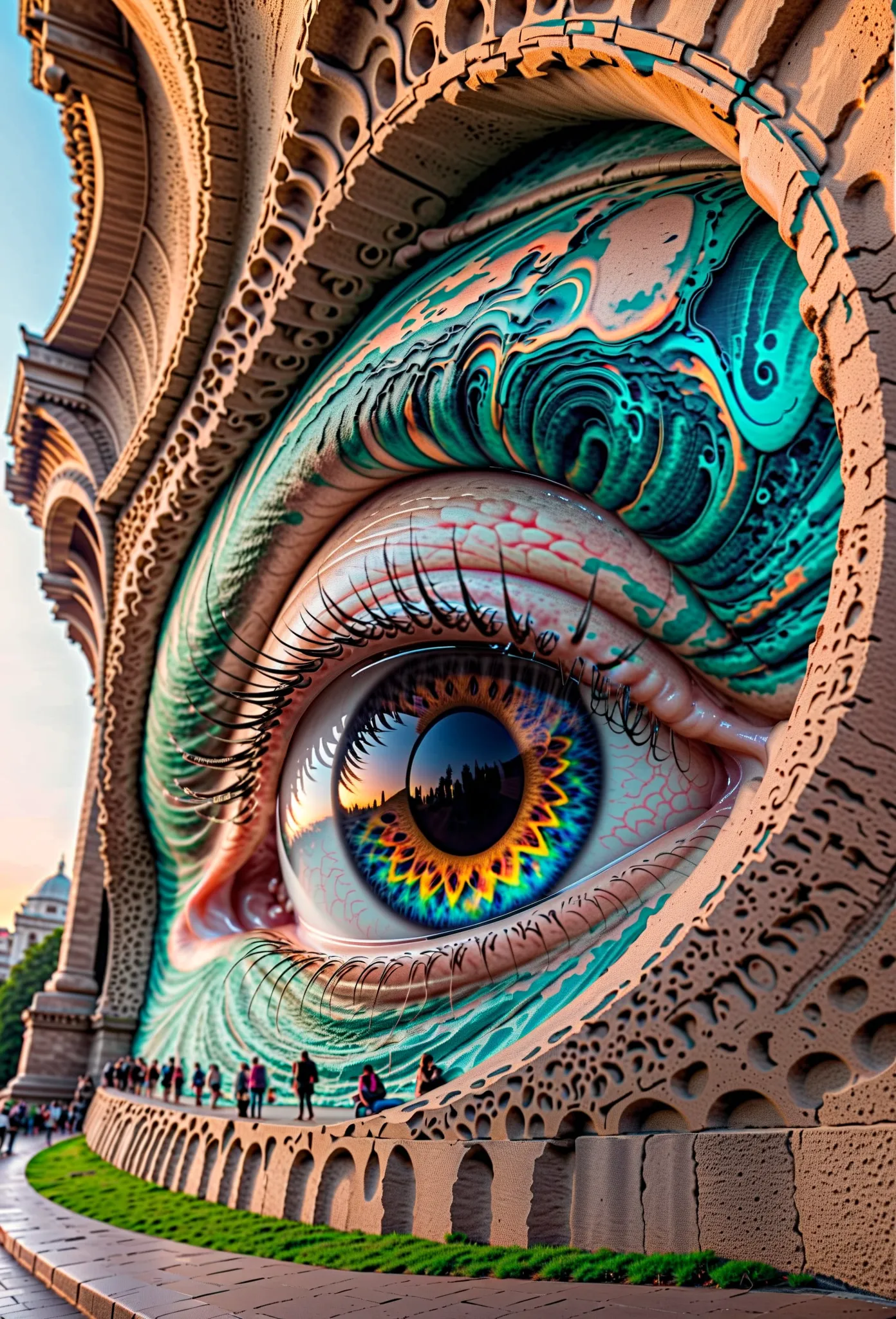 Abstract illustrations on monuments referring to eyes as if it had been made by AI