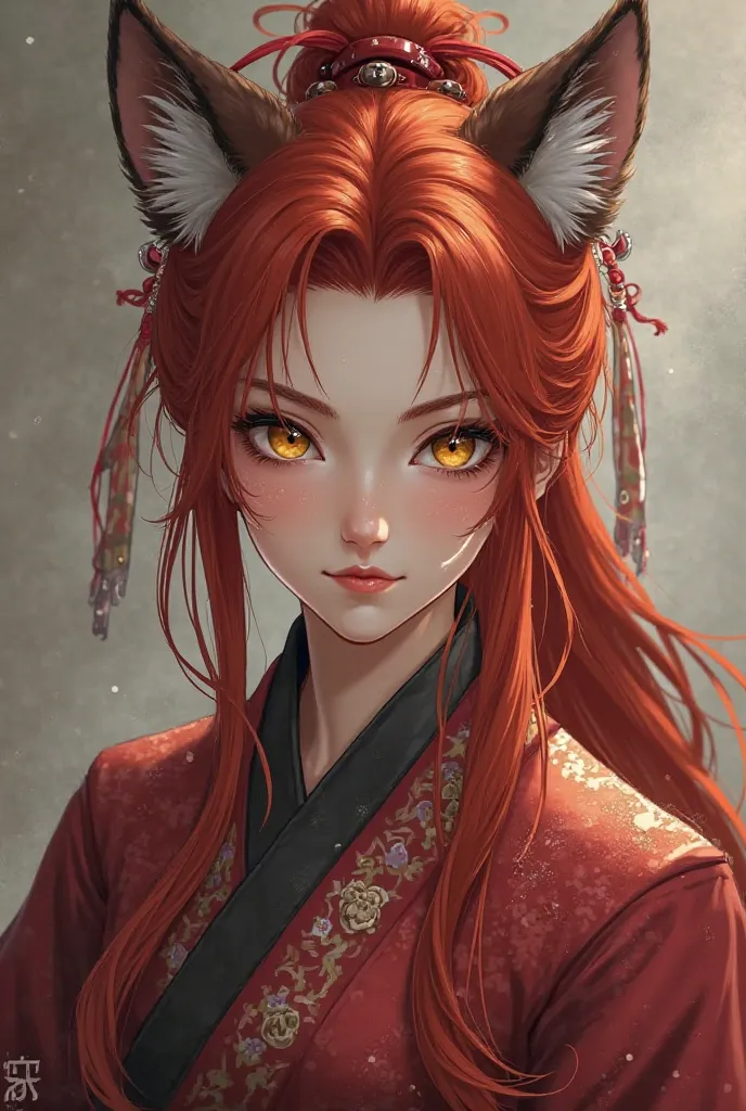  Paren (Ancient China). long red hair tied in a ponytail with a red ribbon. yellow eyes with a gray gradient below.  wolf ears and tail . there is a dark red hanfu (combative). pattern on the right cheek (uncomplicated). Full length. facial features are so...