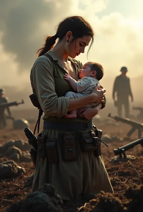 woman trying to breastfeed her baby in battle