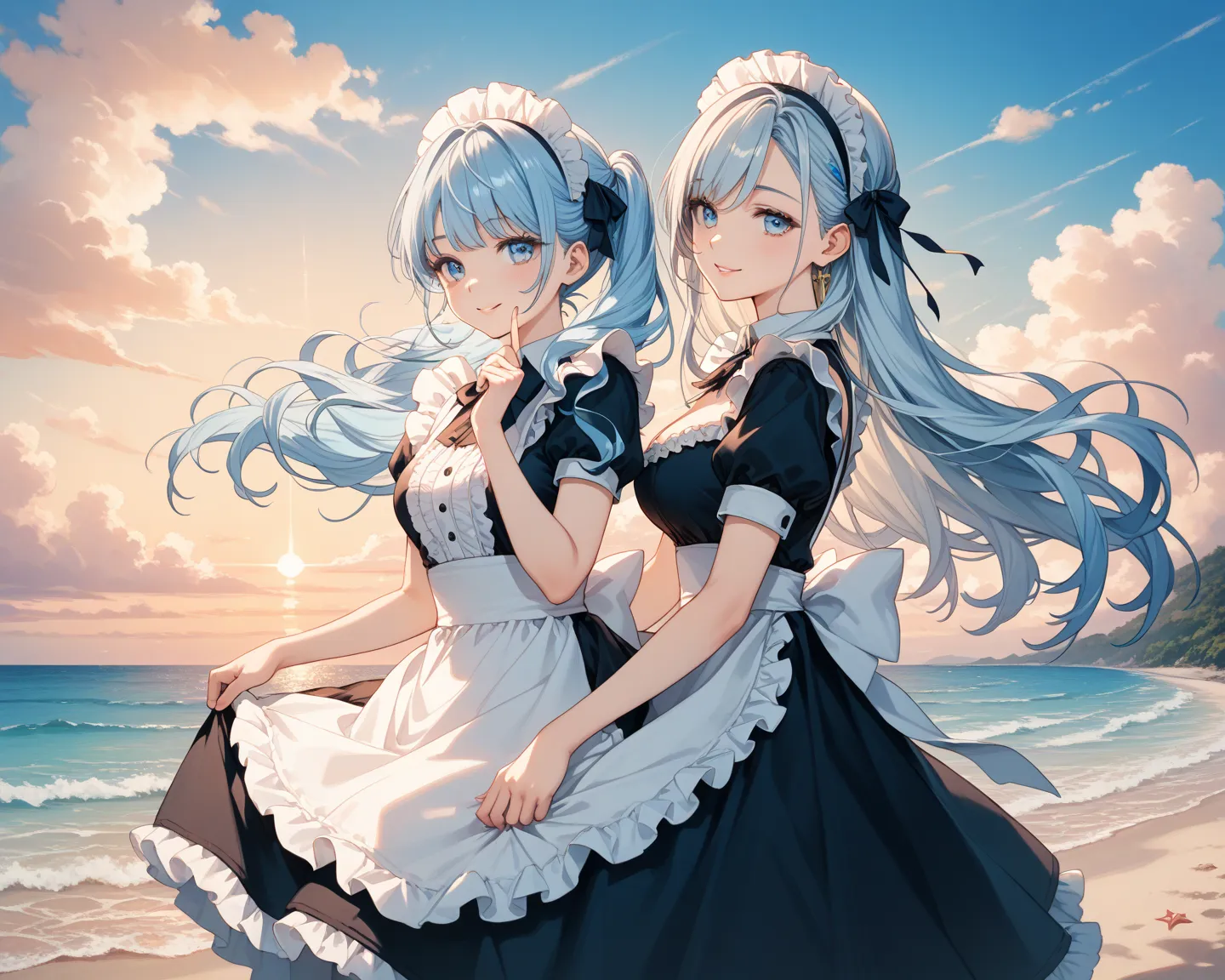 Maid　 light blue long hair　 beach