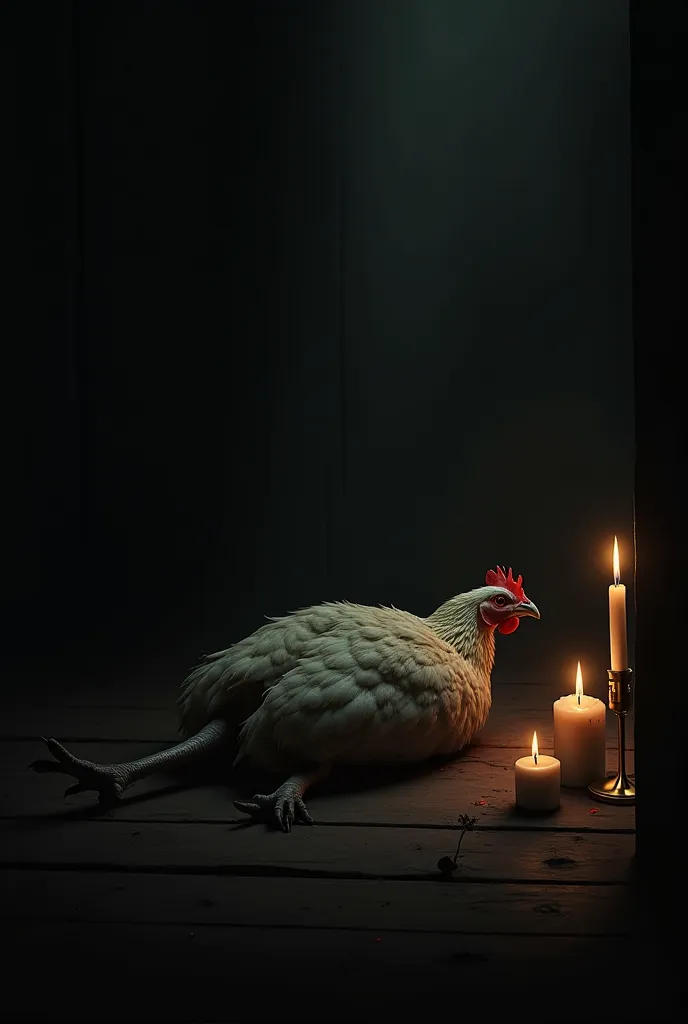 Headless hen lying in a dark room with candles for a slaughter