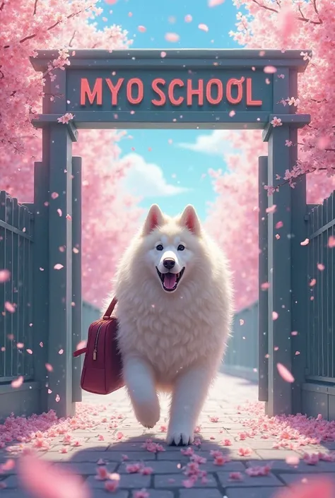 large white samoyed、Carrying a schoolbag、Pass through the main gate of the school、MyO school letters on the front gate、Background cherry blossom snowstorm