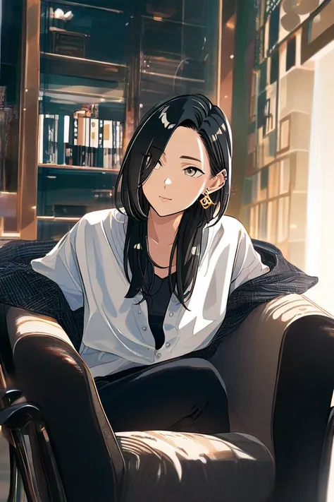 Black hair, long, white, stylish shirt, black jeans, small yellow earrings on the left ear, sitting on a stylish room chair, legs crossed 