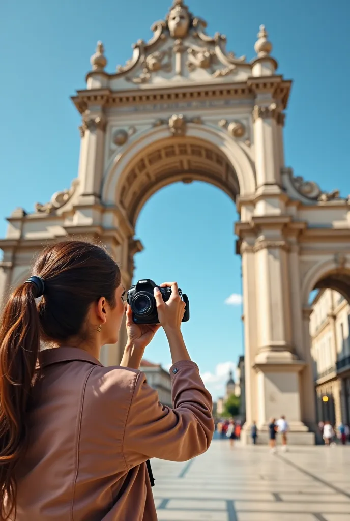 can you show me a woman taking an arch picture 