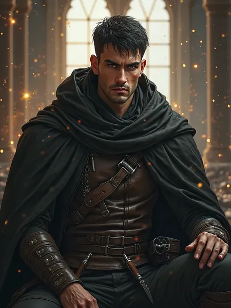 (absurdres, highres, ultra detailed), 1 male, adult, handsome, high muscular face, broad shoulders, finely detailed eyes, short black hair, brown eyes, black cloak, wearing a hood, leather vest, leather bag at the waist, 2 daggers on the belt, castle, medi...