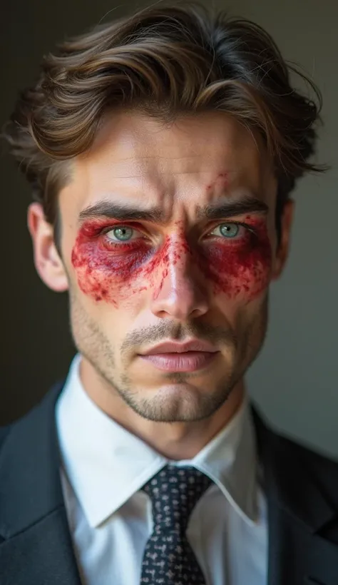 A young man with light eyes and slightly wavy brown hair is facing the camera,  wearing an elegant suit. His eyes are extremely red and inflamed, with clearly visible blood vessels and an irritated appearance. The area around the eyes is swollen and reddis...