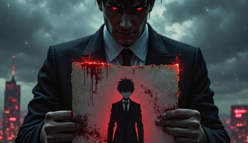 A dark, cinematic scene featuring a blood-stained contract burning at the edges, held by a shadowy figure in a sleek black suit, his face obscured except for piercing eyes glowing with menace. Behind him, a city skyline looms under a stormy sky, with red n...