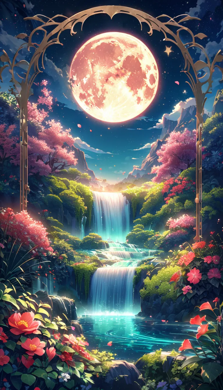 night、Only moonlight illuminates tranquil view、The moon bends in the sky with a mysterious glow.。distant mountains々You can see a waterfall.、Silhouette on celestial background。Beautiful big flowers near、Petals fully open、Reveals a huge red luminous center。t...