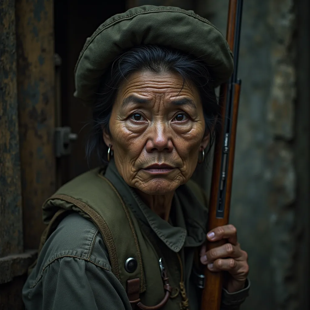 G,Realistic photos, Realistic skin texture, surreal, World War II, ry Rifle, Because of ordinary wood, Old female soldier of the Japanese army, Head of, Beautiful face, Things, leg strap, Complex details, Realistic texture, sweat, Relocation, Remind, Damag...