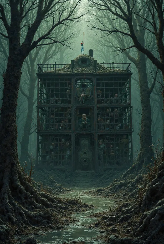 Forest wherein there are a cage or prison  the babies and old, girls and boy plus there are dying and have mud 