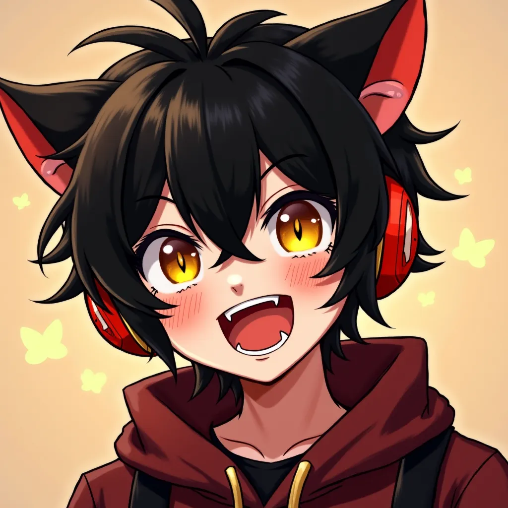 one boy who seems to have a bad personality, cute,An expression that seems to have a bad personality,high definition,  black hair, golden eyes, stupid hair,  cat ear headphones,  vertical pupil /Cat&#39;s Eyes, has sharp fangs, sling,  and laugh,  Demon Ki...