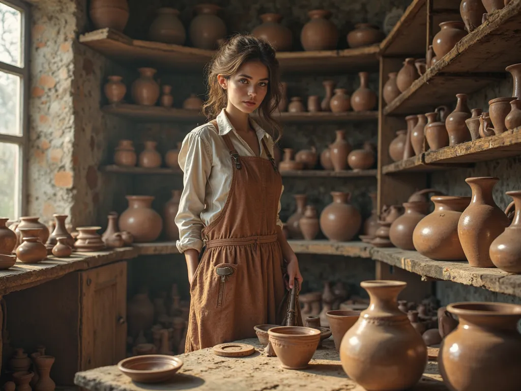 images of pottery with shelves and vases, without employees working, masterpiece, Best quality socks, ultra high resolution, Detailed CG in 4K, , (Realistic:1.2),  analog photo style , Beautifull steampunk Women, posing, with , Soft natural light,  feet , ...