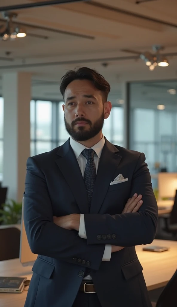 A man in a modern business suit, standing in a modern office, looking embarrassed, arms crossed in front of his chest, not knowing how to respond. Behind him is a minimalist office space, with light-colored wooden desks, computers and simple but sophistica...