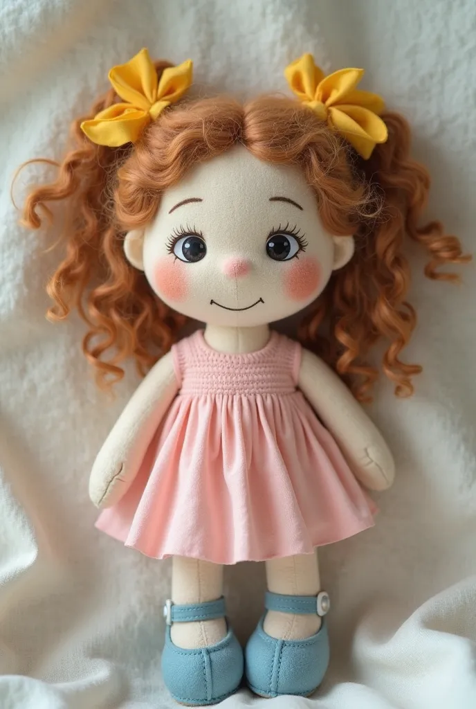 Rag doll with pink dress with brown wool hair with yellow ties with skin on light-colored fabric with cute and cute look and blue shoes