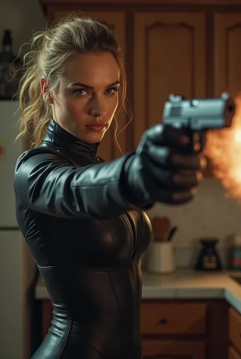 Scarlett Johansson wearing a tight outfit and wearing leather gloves with a gun she kills a man in a kitchen