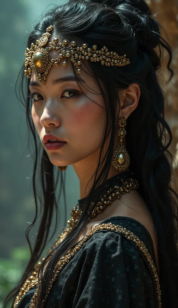 1 Asian woman  .Akivasha, In the film “Kull, that symbolizes her power and status, is a fascinating figure, whose appearance is a mixture of represents exotic beauty and threatening power. often with a hypnotic or seductive glow:
 * Face and eyes:
   * Aki...