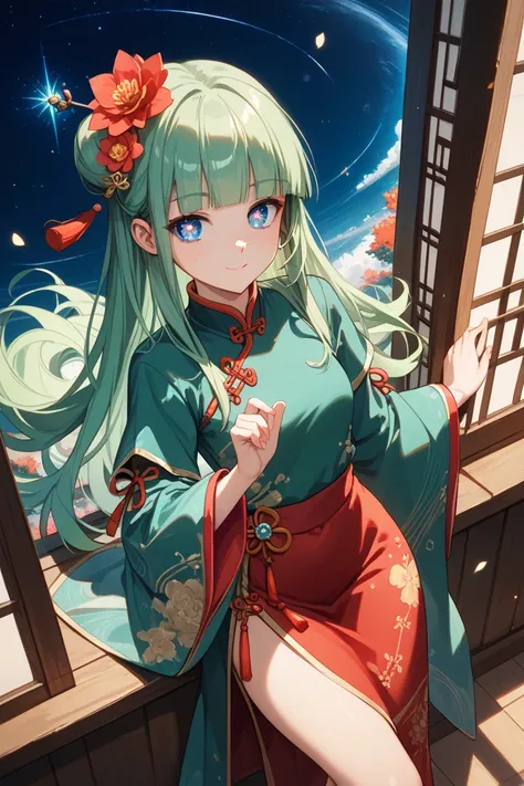 masterpiece, best quality, ultra-detailed, 1girl, beautiful detailed eyes, star-shaped pupils:2.0, dynamic angle, overexposure, illustration, chinese clothes, green robe, long sleeves, wide sleeves, skirt, red skirt, freckles, maomao,1girl,blunt bangs, gre...