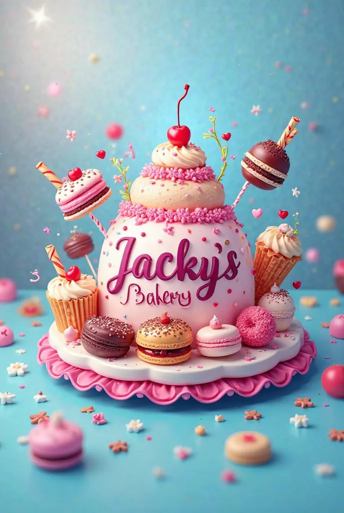 Create an image of a pastry logo, in blue colors,  pink and purple , with the name Jacky's Bakery with delicious desserts around it and a cake in the middle.