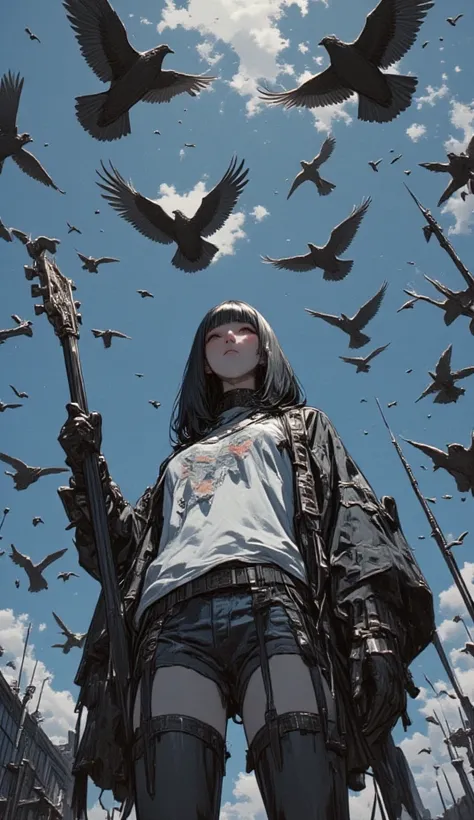  taken from below、Picture of a high school girl holding a guitar in front of many birds, Concept art inspired by Thomas Hanukkah, Tumbler, conceptual art ,  Bob Larkin and Thomas Hanukkah , Heavy metal comic style , very detailed,  by Jake Parker ,  then M...