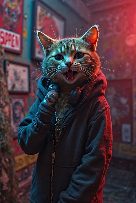 A young cat wearing a hoodie and headphones, rapping passionately into a microphone in a small, dimly lit room filled with music posters and graffiti on the walls." 3d