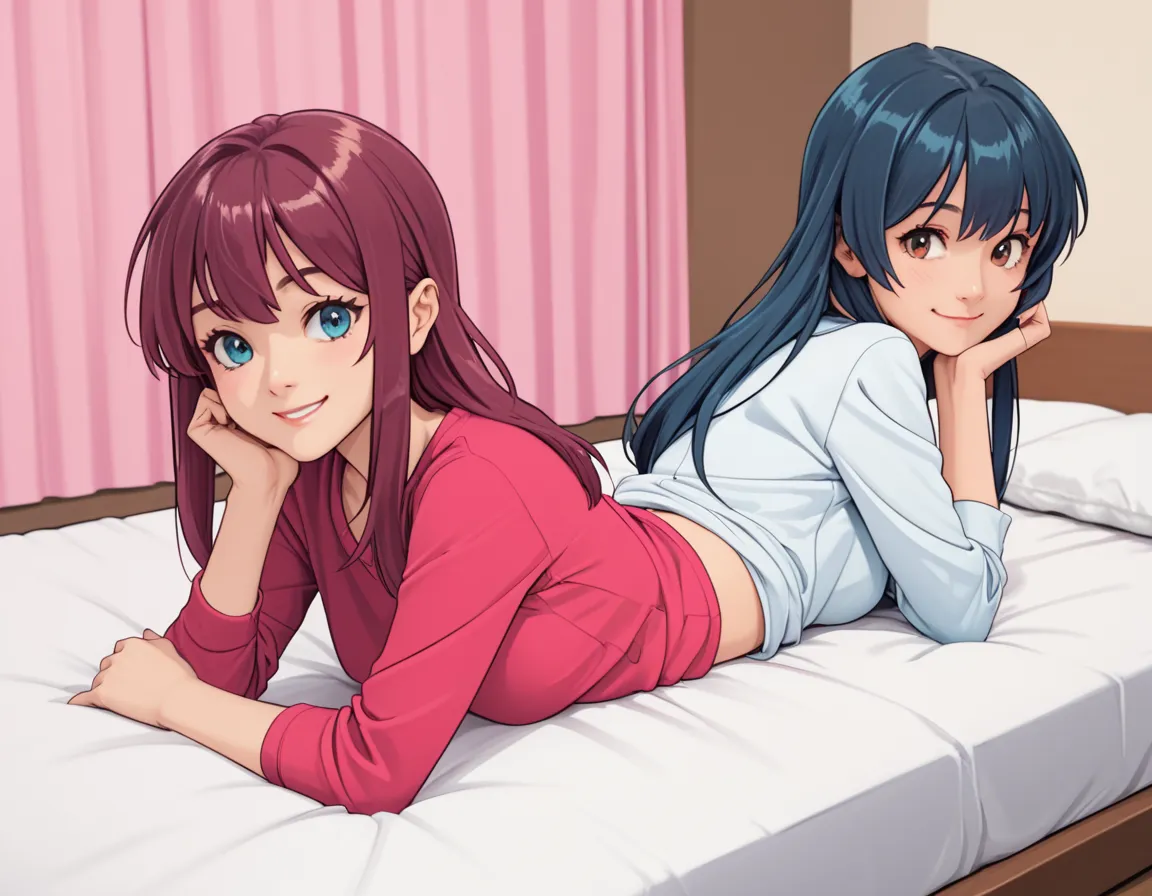 source_anime, score_9, score_8_up, score_7_up, queeconj, 2girls, on stomach, shirt, bedroom, smile