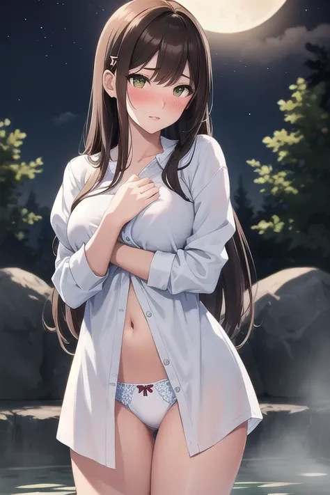 Best quality, high resolution, detailed, beautiful, girl, brown hair, long hair, hairpin in bangs, big brown eyes, light colored lips, embarrassed expression, blushing, wearing white blouse, green panties, hands clasped on chest, standing, outdoor bath bes...