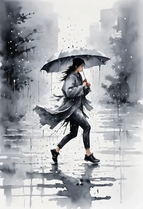 中国ink painting, gray and white, minimum, white background,The track ,   Minimalism ,  huge negative space, ink painting, abstract， heavy rain，A person dancing in the rain