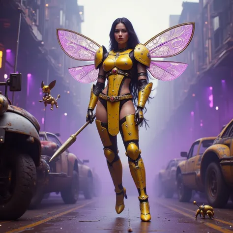 - Main Character, "Korean" Adult Woman, Beautiful, Tall, Long Legs, Pink Eyes, Golden Black Hair.

- Wearing a costume ("Full Sexy Armor").
(Armor Chest and Thighs slightly open).
Futuristic Costume Design.
Has very elegant bee wings.

- Sexy and Athletic ...