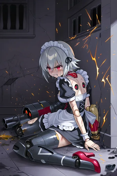 maid girl,  silver hair marks,  red eyes, Chica cyborg, Right gun arm, Cannon pointed at the spectator, damaged legs, robot legs ,  Damaged left arm , robot arm, sparks,  wrist joints,  porcelain skin, Crying oil, sitting on the floor, Back against the wal...