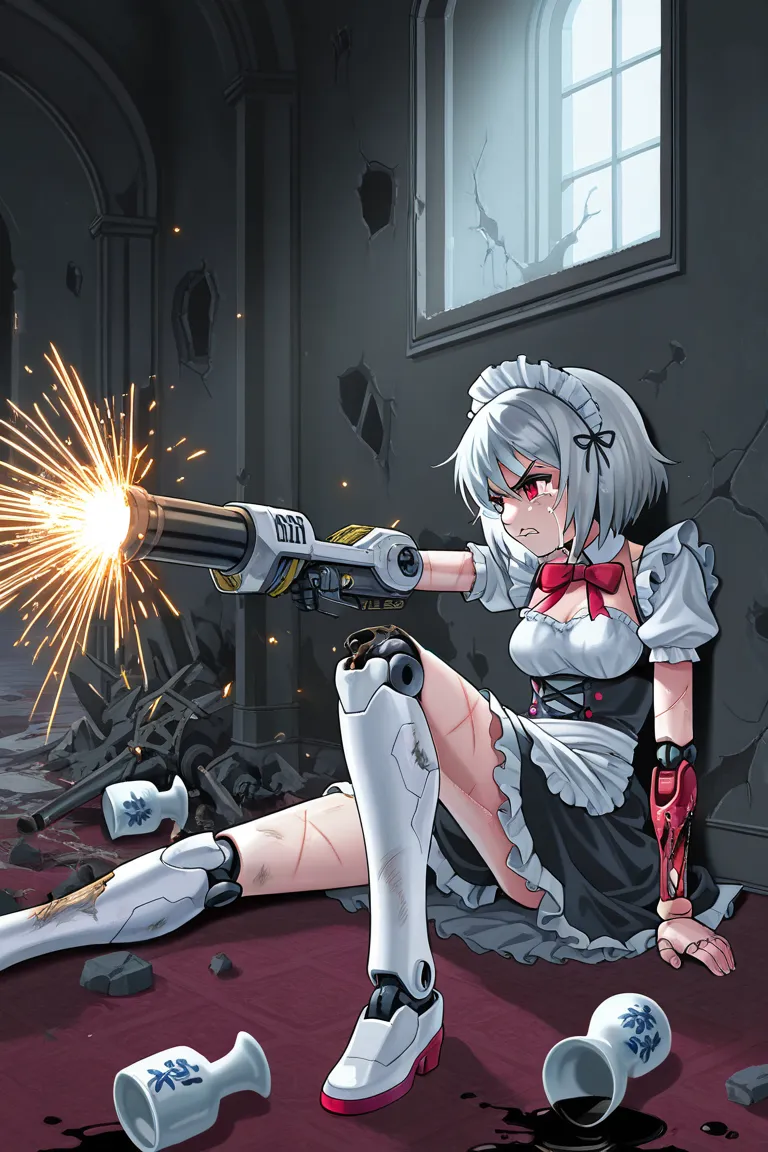 maid girl,  silver hair marks,  red eyes, Chica cyborg, Right gun arm, Cannon pointed at the spectator, damaged legs, robot legs ,  Damaged left arm , robot arm, sparks,  wrist joints,  porcelain skin, Crying oil, sitting on the floor, Back against the wal...